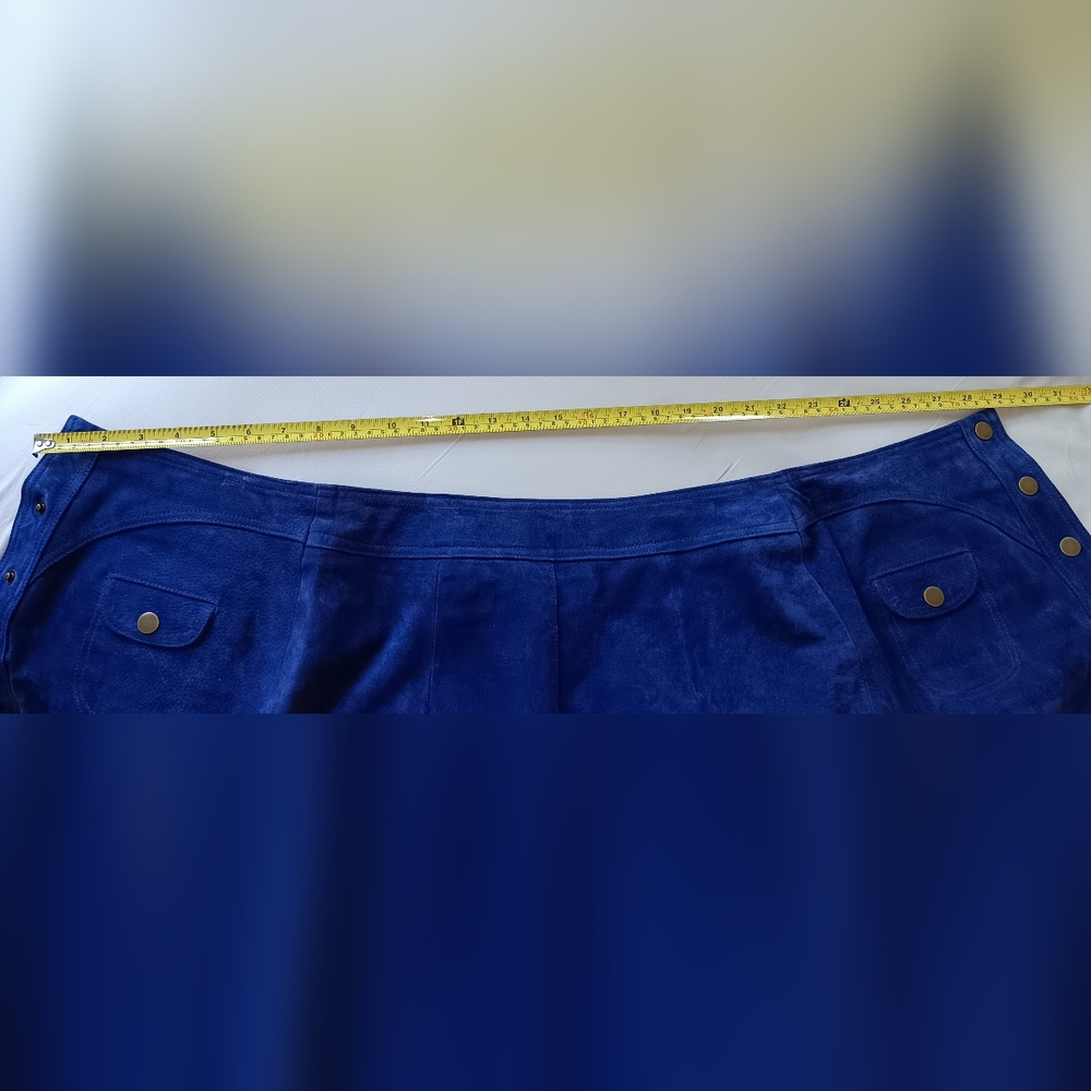 Anthropologie Blue 100% Suede Leather A-Line Button Down Skirt - Picture 9 of 11